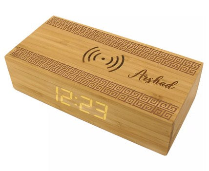 Engraved Text Bamboo Wireless Charger with Clock