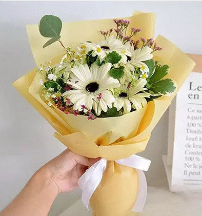 Peaceful White Gerberas Beautifully Tied Bouquet Standard