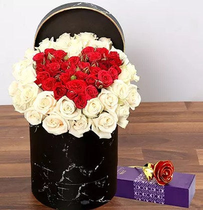 Peach and Red Rose Box With Golden Rose