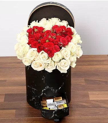 Peach and Red Rose Box With Patchi Chocolates