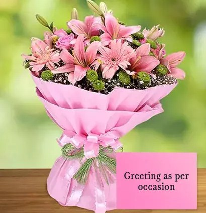 Pink Flowers Bouquet With Greeting Card