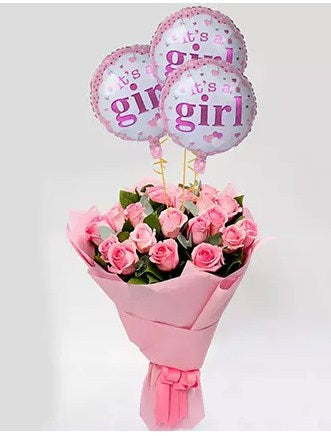 Pink Roses Bouquet with Balloons
