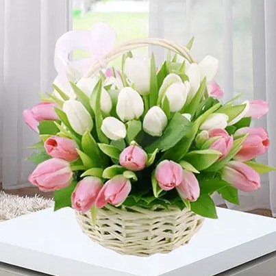 Pink White Tulips Basket