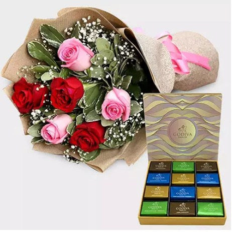 Pink and Red Roses With Godiva Chocolate Bar