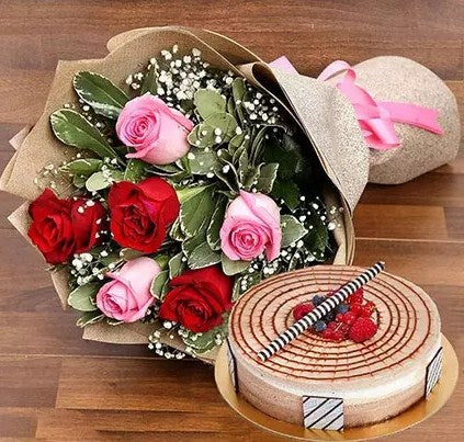 Teddy Bear With Red and Pink Rose Posy