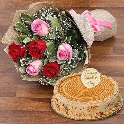 Rose Bouquet and Butterscotch Cake For Teacher