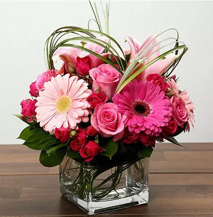 Roses and Gerbera Arrangement In Glass Vase