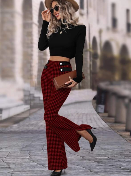 Houndstooth High Waisted Flare Leg Pants