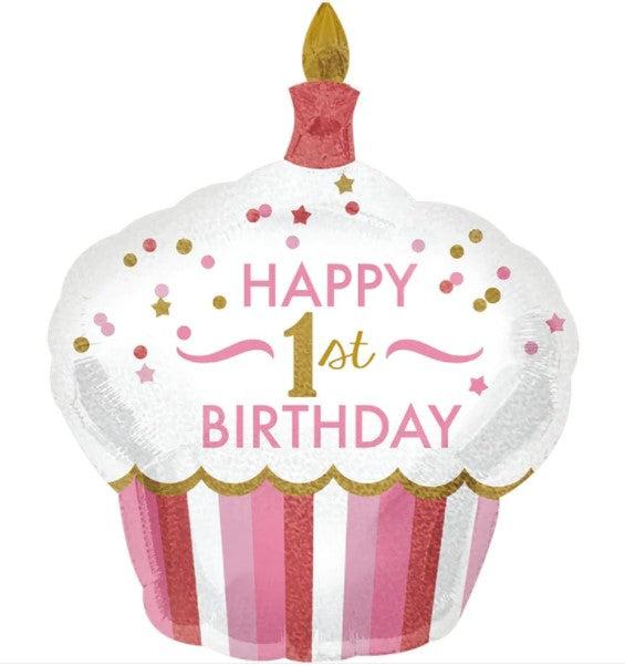 1st Birthday Cupcake Girl Holographic SuperShape Balloon