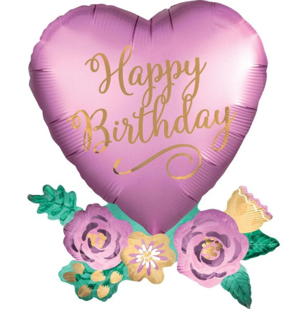 Birthday Satin Heart With Flowers SuperShape Balloon 58x76cm