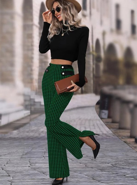 Houndstooth High Waisted Flare Leg Pants