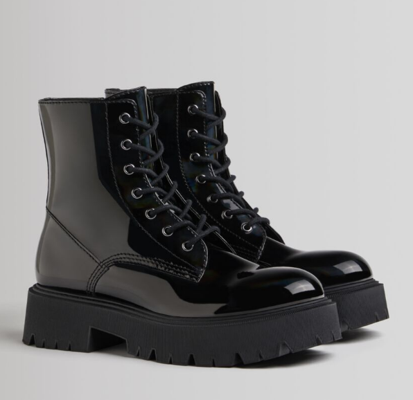 Iridescent faux patent lace-up ankle boots