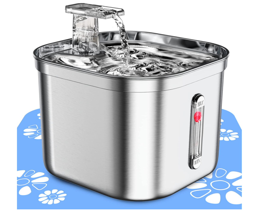 MISFANS Pet Water Fountain Stainless Steel,74oz/2.2L Automatic Water Dispenser with Water Level, Replacement Filter Kit and Silicone Mat Suitable for Cat, Dogs