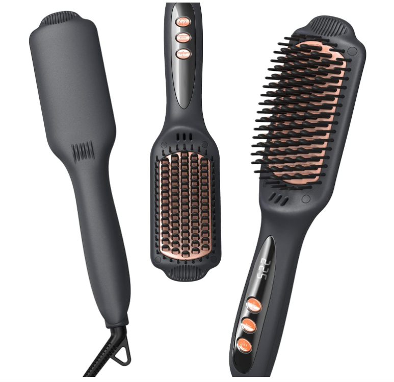 LANDOT Professional Hair Straightener Brush - Ceramic & Negative Ion Technology for Smooth, Frizz-Free Hair - Dual Voltage (110-240V) - Anti-Scald & Fast Heating - Styling Brush for Women
