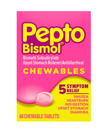 Pepto Bismol Chewable Tablets for Nausea, Heartburn, Indigestion, Upset Stomach, and Diarrhea - 5 Symptom Fast Relief, Original Flavor, 48 ct
