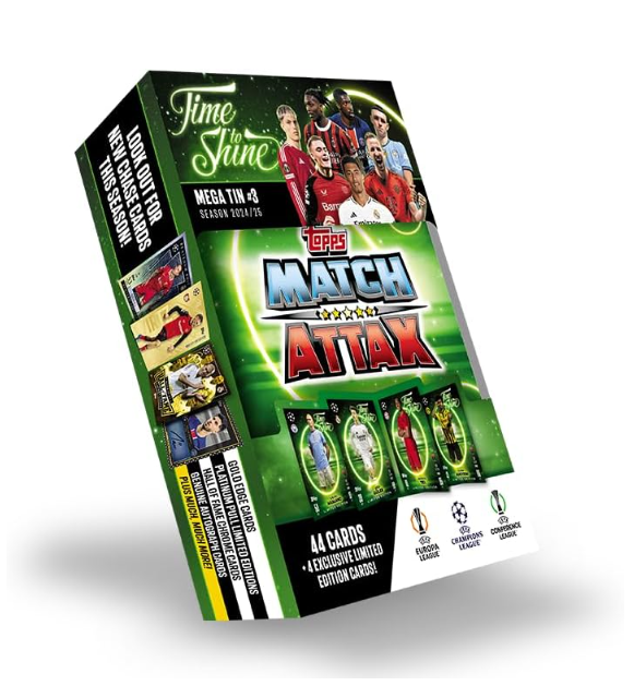 Topps Match Attax 24/25 - Mega Tin 'Time to Shine' - Tin 3 - contains 44 Match Attax cards plus 4 exclusive LE's - Erling Haaland, Arda Güler, Mathys Tel and Karim Adeyemi!