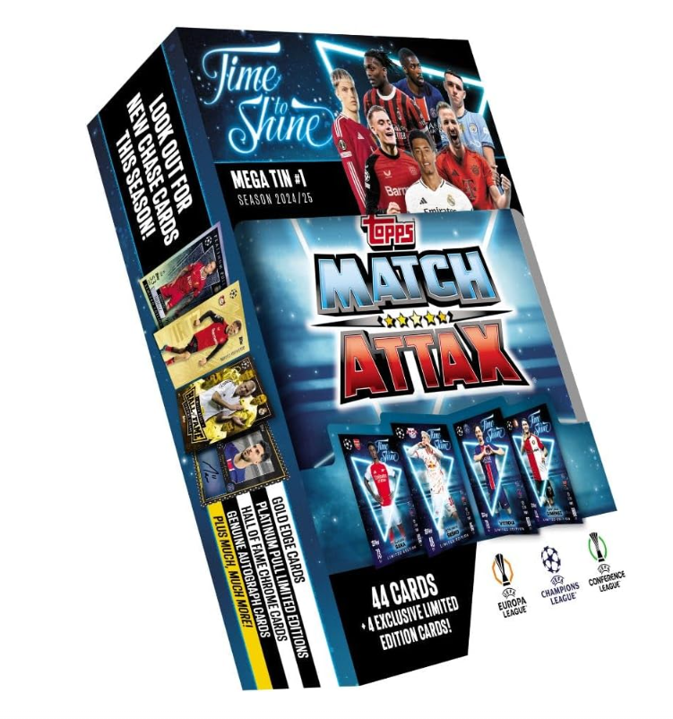 Topps Match Attax 24/25 - Mega Tin 'Time to Shine' - Tin 1 - contains 44 Match Attax cards plus 4 exclusive LE's - Bukayo Saka, Benjamin Šeško, Vitinha and Santiago Giménez!
