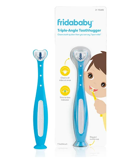 FridaBaby Triple-Angle ToothHugger Toothbrush - Blue, Cleans All Sides at Once, Time-to-toss Indicator, Suction Cup on Bottom, Ergonomic Soft Molded Grip, Dentist Recommended, 2 Years+