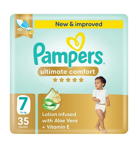 Pampers Ultimate Comfort Taped Diapers, Size 7, 15+kg, Lotion infused with Aloe Vera and Vitamin E, x1000 Leak Locks Technology for Leakage Protection, Giant Pack, 35 Count