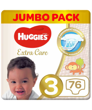 Huggies Extra Care Diapers Size 3 4-9kg Jumbo Pack 76 Diapers