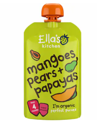 Ella's Kitchen Gluten Free Dairy Free Organic Super Smooth Mangoes, Pears and Papayas Puree Baby Food, 4 Months+, 120g