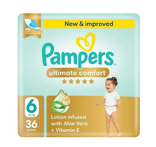 Pampers Ultimate Comfort Taped Diapers, Size 6, Lotion infused with Aloe Vera and Vitamin E, x1000 Leak Locks Technology for Leakage Protection, Mega Pack, 36 Pieces