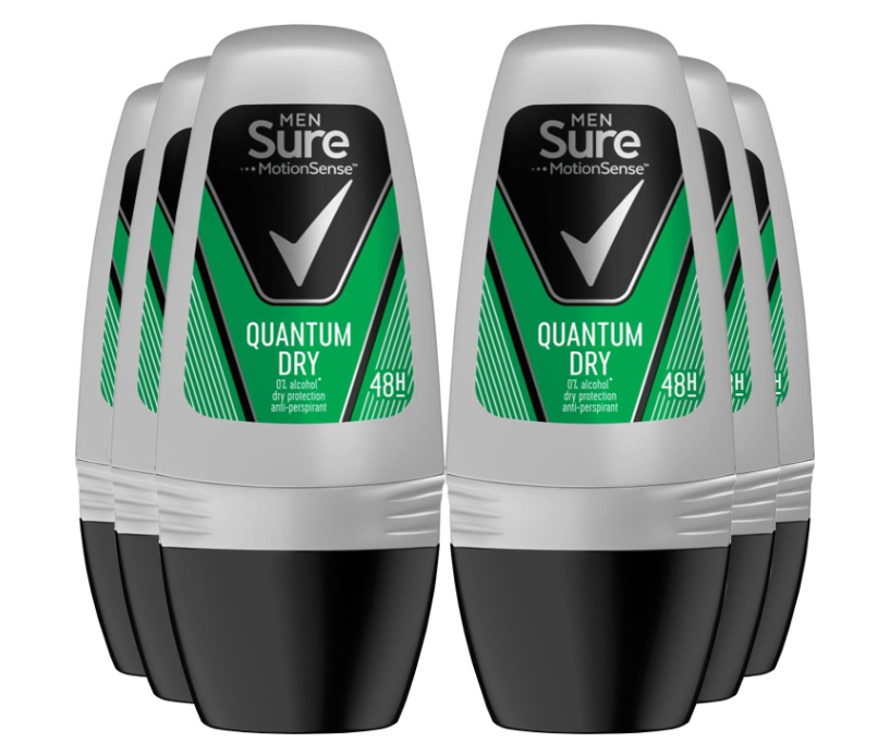 Sure Quantum Dry Anti-perspirant Roll On pack of 6 48h protection against sweat and odour MotionSense technology deodorant 50 ml