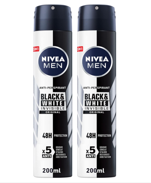 NIVEA MEN Antiperspirant Spray for Men, Black & White Invisible Protection Original, 2x200ml