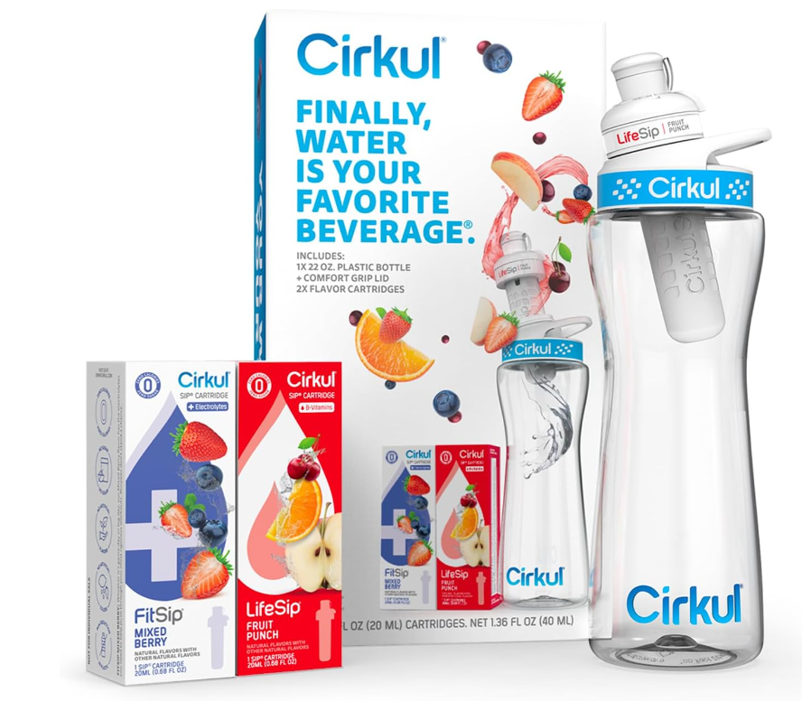 Cirkul 22oz. BPA-Free Plastic Water Bottle Starter Kit with Blue Lid, 2 Flavor Cartridges (1 LifeSip Fruit Punch, 1 FitSip Mixed Berry) Zero Calories and No Sugar
