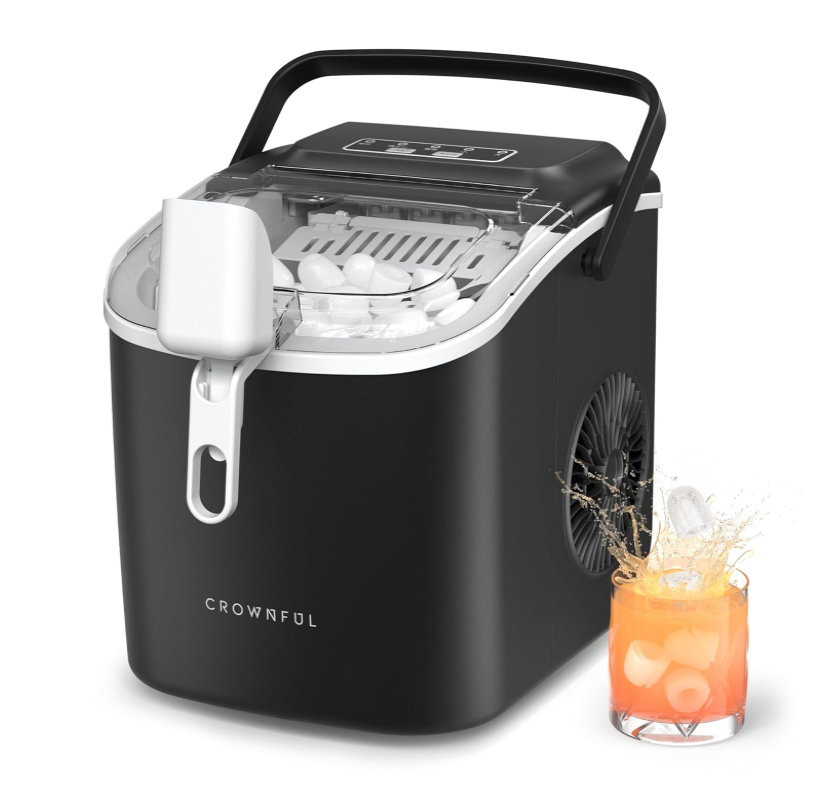 CROWNFUL Ice Maker Countertop with Handle, Self-Cleaning Ice Maker with Scoop and Basket, 9 Cubes in 6 Mins, 12Kg/24H, Portable Small Ice Machine with Scoop and Basket for Home kitchen Office Party