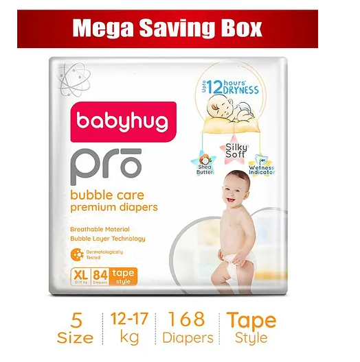 Babyhug Pro Bubble Care Premium Tape Style Diapers, Mega Saving Pack, Size 5, Extra Large - 168 Pieces