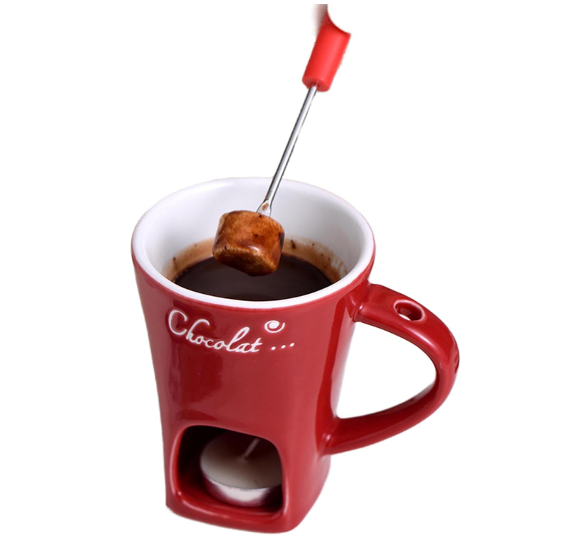 Chocolate Fondue Mug with Fork, Ceramic Chocolate Melting Cup, Fondue Pot Set For Chocolate, Cheese, Candy, Mini Chocolate Fondue Cups Set For Date Night Birthday Wedding Gifts (Red)