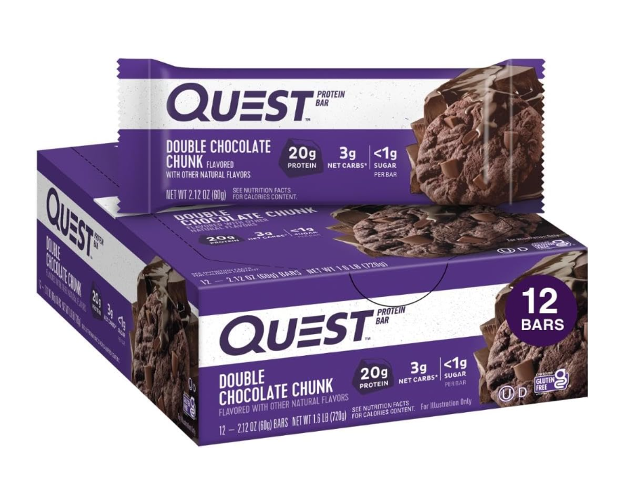 Quest Nutrition Double Chocolate Chunk Protein Bars, High Protein, Low Carb, Gluten Free, Keto Friendly, 12 Count