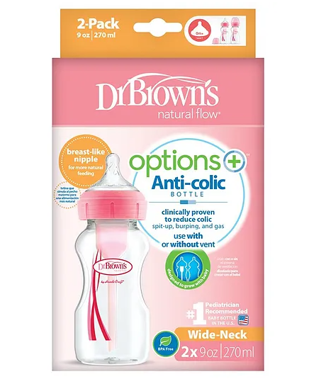 Dr. Brown's Anti-Colic Options+ Wide-Neck Baby Bottles, BPA-Free, Twin Pack Pink, 270mL/9oz