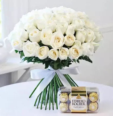 White Roses Bunch and Ferrero Rocher