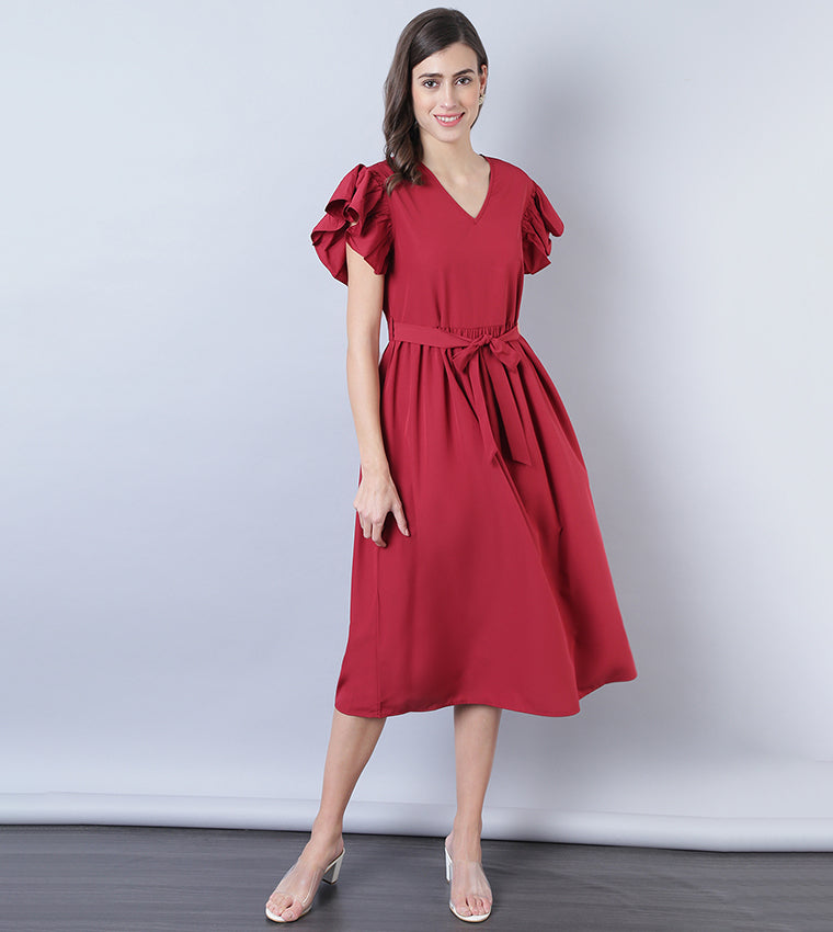 Aila Casual Frill Sleeve Midi Dress