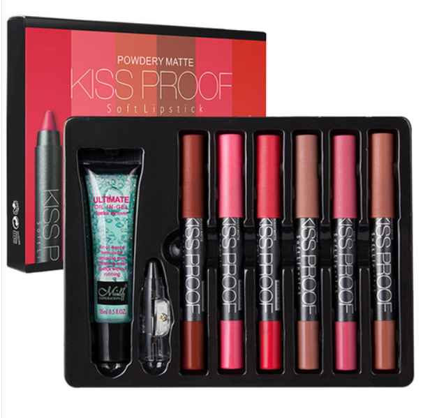 MNmenow 6 Piece Matte Kiss Proof Soft Lipstick Set C With Remover And Sharpener 6*4.2g